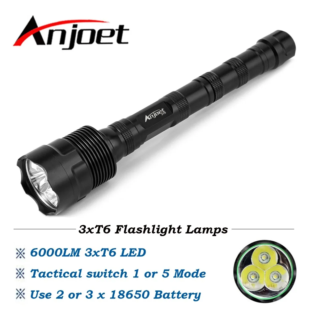 

Anjoet 6000LM Tactical Flashlight 3T6 LED Power 1-Mode or 5-Mode Lanterna Aluminum Waterproof Torch Light Lamp 18650 Camping