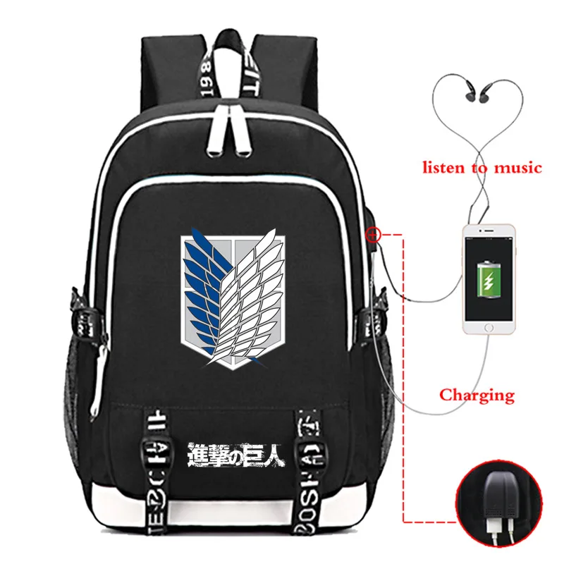 Высокое качество, рюкзак с зарядкой от USB Attack on Titan, модная школьная сумка, красивые школьные рюкзаки для студентов