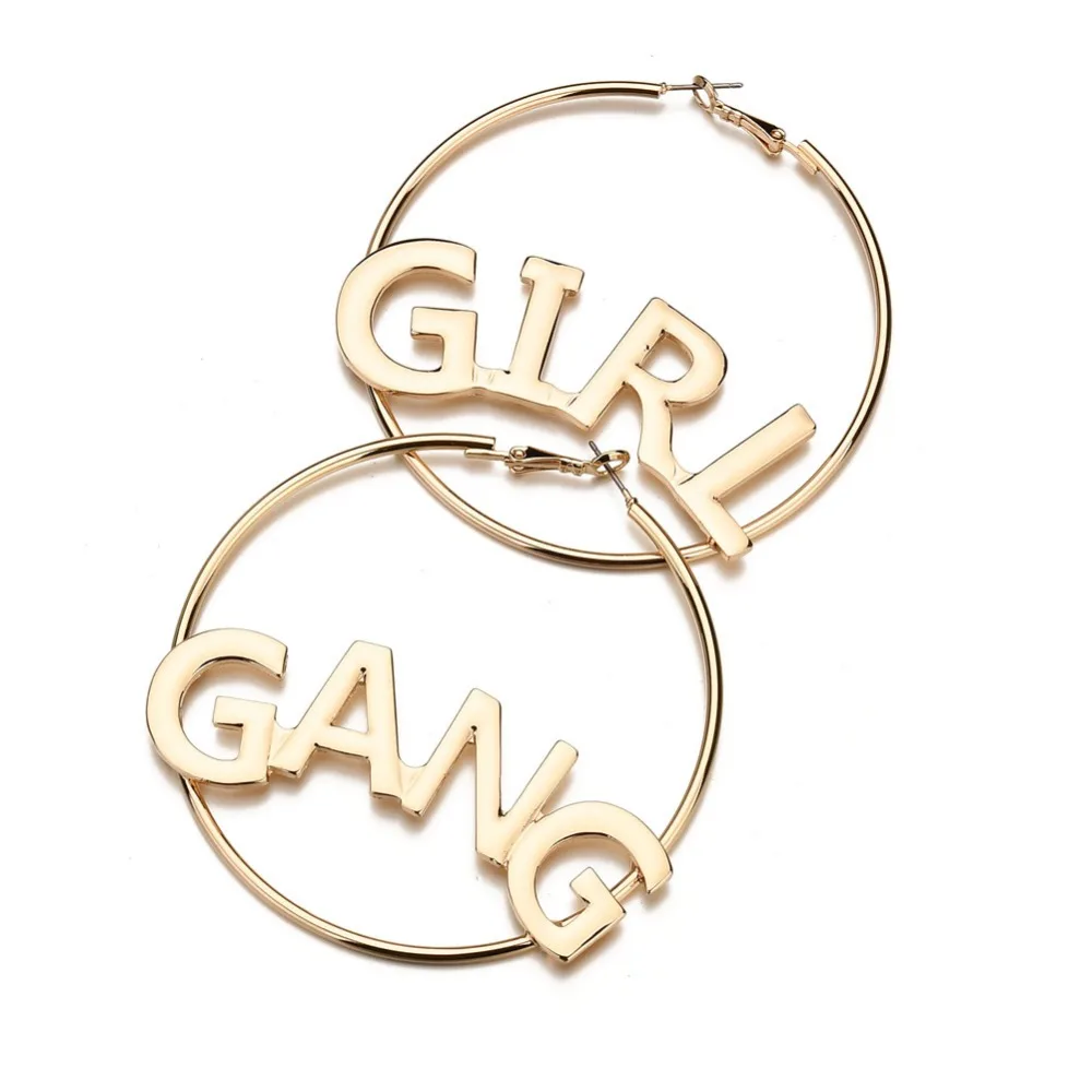 

Hot Statement Jewelry Girl Gang Letter Big Hoop Earrings For Women Simple Gold Punk Large Circle Earrings European Wholesale