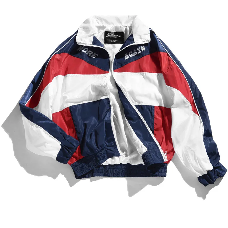 

Spring Summer Hong Kong Style Tide Brand Men/Women Young Thin Jackets Classic Navy Red White Tricolor Windbreaker Casual Coats