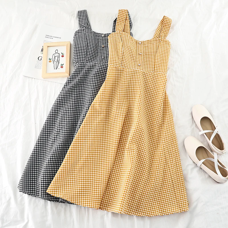 

SINGRAIN Vintage Plaid Women Long Dress casual A-Line elastic midi dress Korean Style Elegant Summer Sleeveless Strap Sundress