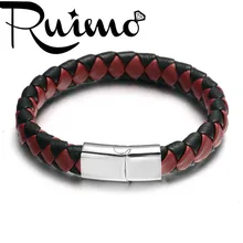RUIMO браслет из натуральной кожи 316l магнитный браслет со стальными элементами широкий Плетеный мужской браслет спортивные ювелирные изделия