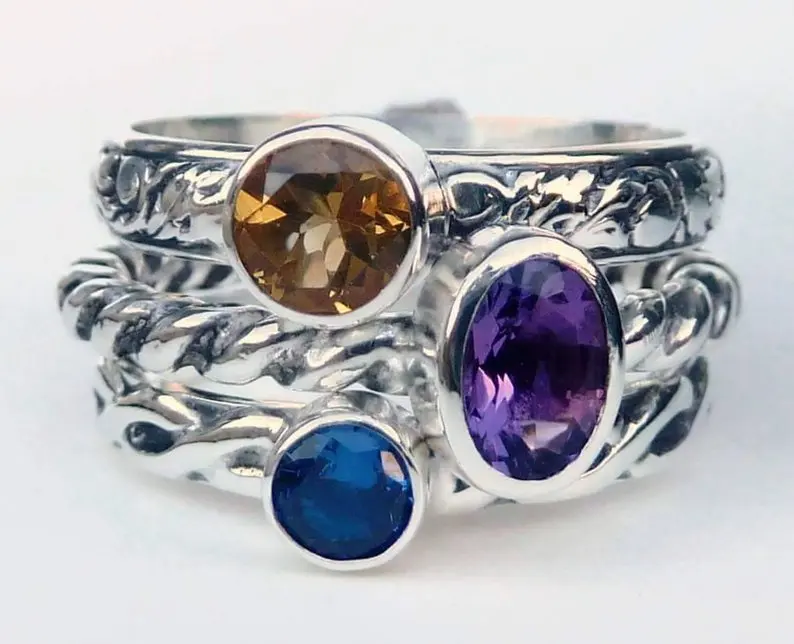 

PURE HANDMADE PERSONALIZED Stacking Rings w/ 6x4 mm faceted gemstone Family Italian Ring Birthstone Rings Sterling Silver