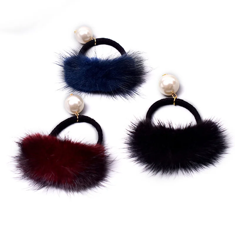 

Mink elastic hair bands rubber band plush hair ties 2018 new hairy hair rope for women hair accessories fashion pearl headdress