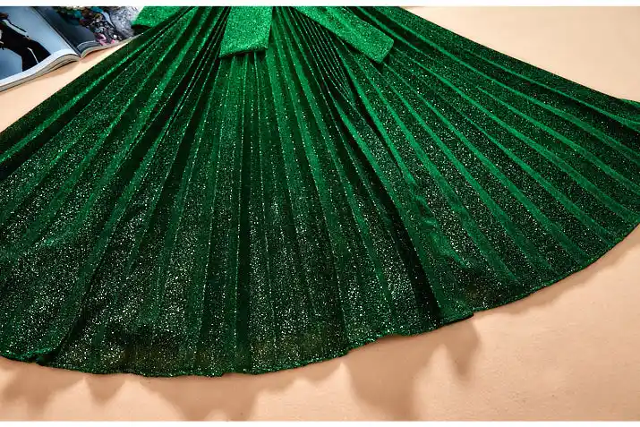 Зимнее Новое Плиссированное длинное платье с v-образным вырезом, бантом и пайетками, однотонное платье с широкими рукавами и расклешенным подолом по щиколотку
