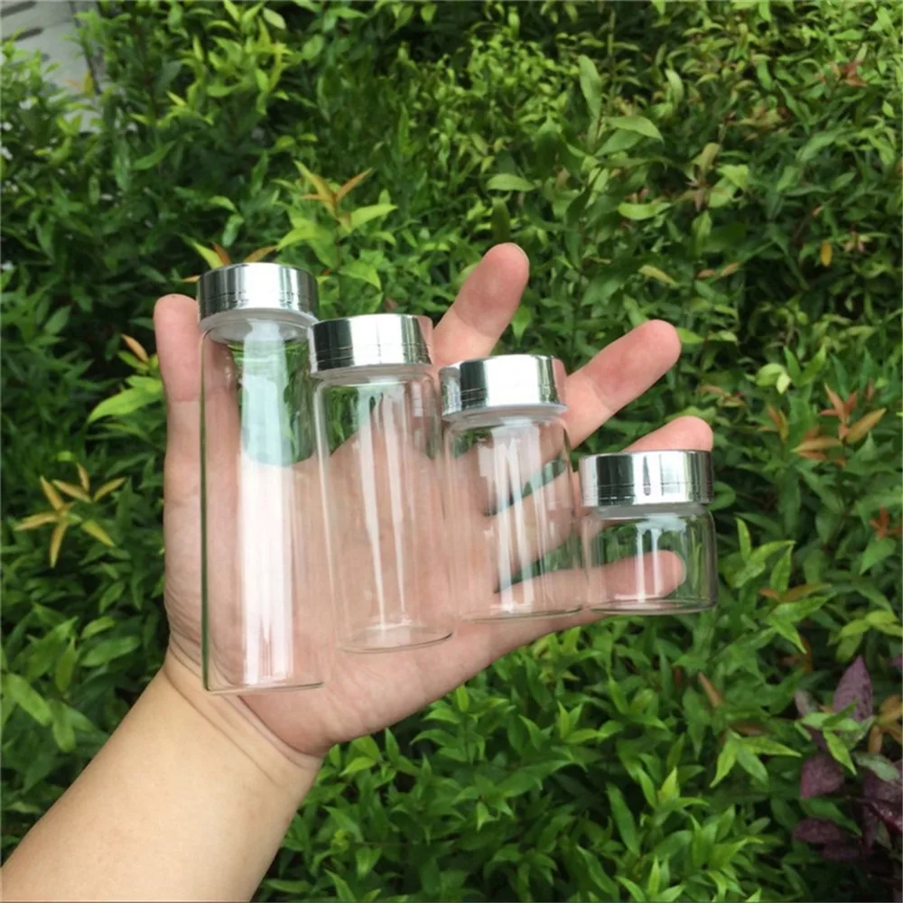 20ml 50ml 65ml 90ml Glass Storage Bottles with Silver Screw Cover Empty Sweets Vanilla Pill Food Perfume 6pcs 2