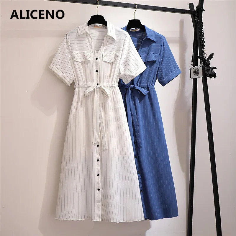 

ALICENO Plus Size 2XL-6XL Women High Waist Loose Turn Down Collar Shirt Dress Striped Print Casual Dress Short Sleeve Clothes