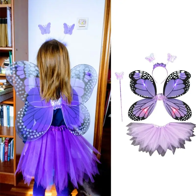 Для взрослых, костюм для детей из 4 вещей: сказочный костюм комплект светодиодный моделирования с украшением в виде крыльев бабочки; туфли с острым юбка-пачка повязка на голову палочка принцессы для девочек вечерние на шнуровке