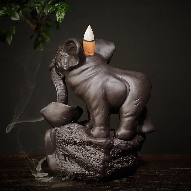 

13*10*16.5cm Ceramic Elephant Design Backflow Incense Burner Censer Ornament Waterfall Incense Holder for Home Decoration