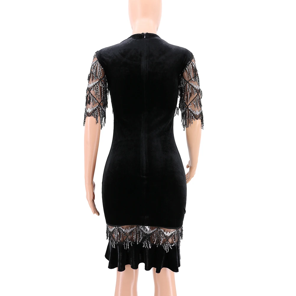 Вечернее элегантное Формальное женское просвечивающее платье с кисточками и пайетками с коротким рукавом и круглым вырезом, женская тонкая обтягивающая юбка-карандаш средней длины