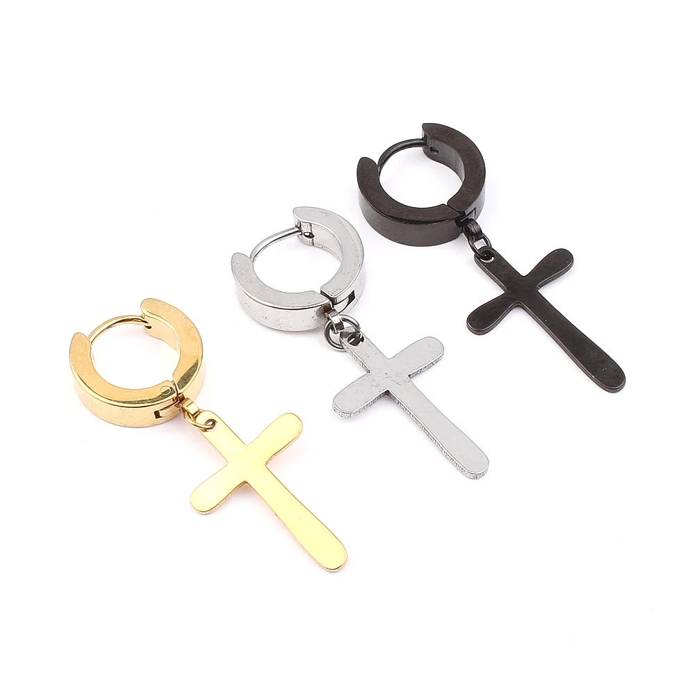 YYW 1 pz Acciaio Oro Nero-color Cross Charm Trendy Freddo uomini Dell'acciaio Inossidabile di Huggie Orecchino ad anello Per Gli Uomini Vestono trafitto orecchino