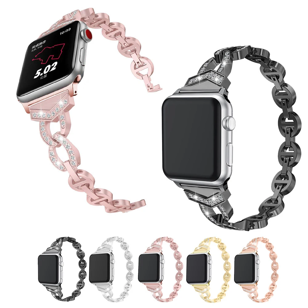 

For Apple Smart Watch Series 4 3 2 1 Stainless Steel Women Vo Diamond I Watch Bands Applewatch Metal Watch Strap 38 40 42 44mm