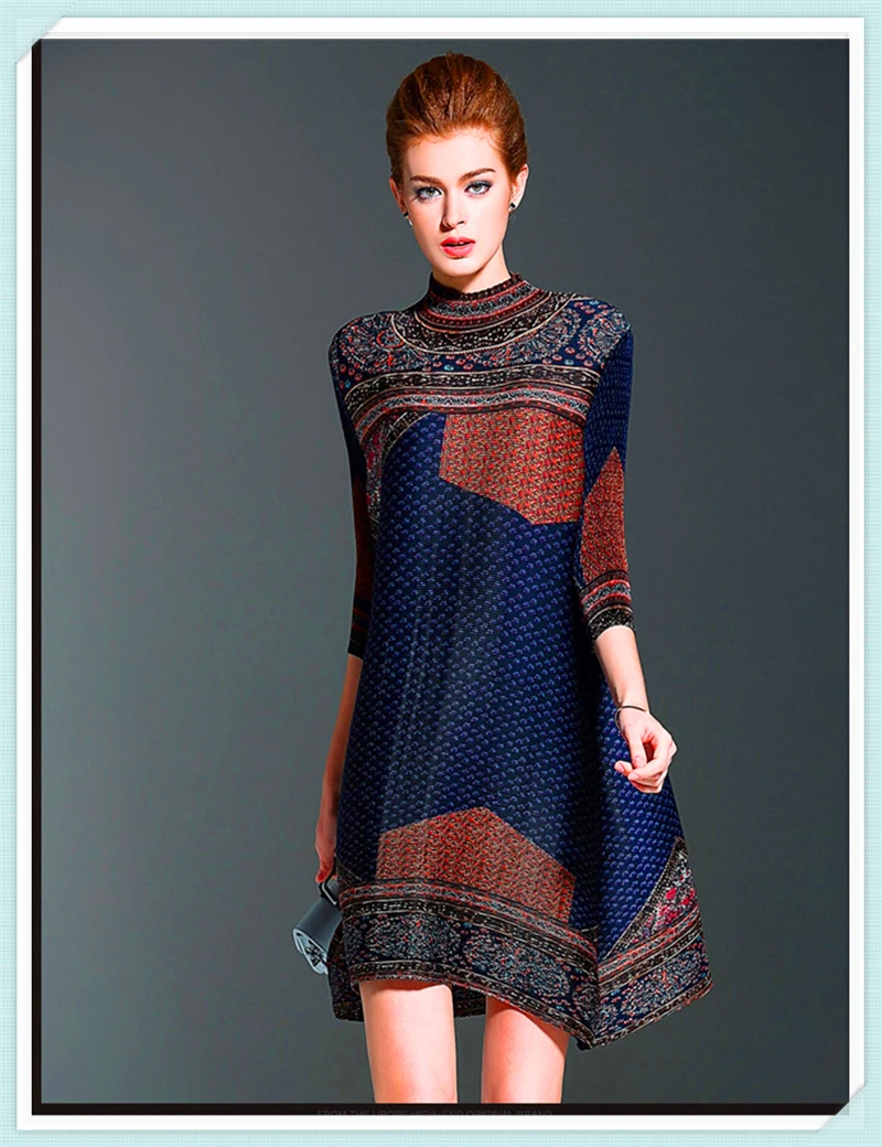 

BONJEAN women's large size round neck sleeve printed loose spring new women's 2019 elegant pleated pleated mini dress women