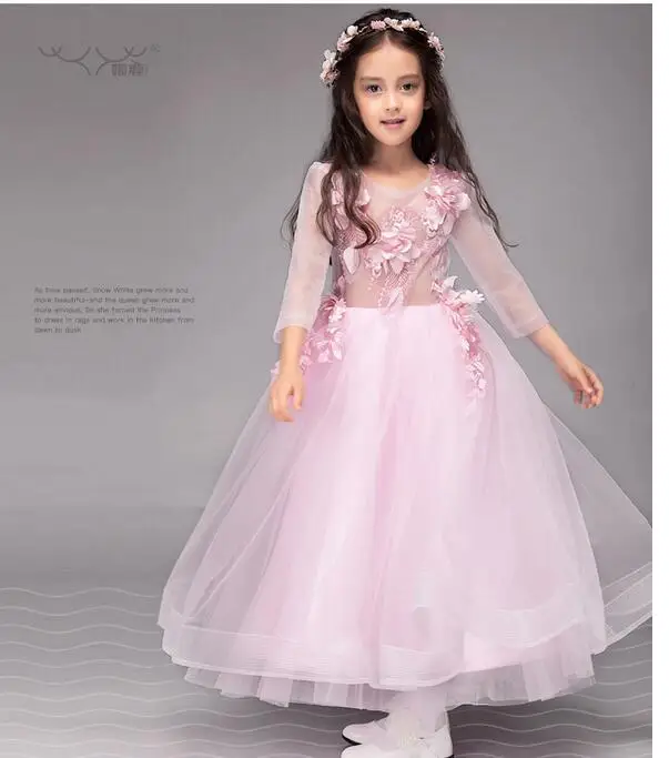 

Girls Pageant Long Formal Dresses 2017 Long Sleeve Gauze Gowns Flowers Girls Princess Tutu Dress Kids Wedding Party Dresses Pink