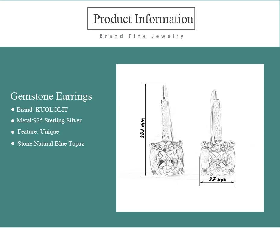 Kuolit 7.6ct натуральный небесно-топаз Драгоценный Камень Висячие серьги для женщин из натуральной 925 пробы Серебряное свадебное ювелирное изделие для помолвки