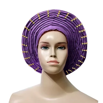 

Nigerian gele aso oke african headtie for women fashion headwrap turban big brim already made with gold beads 2018