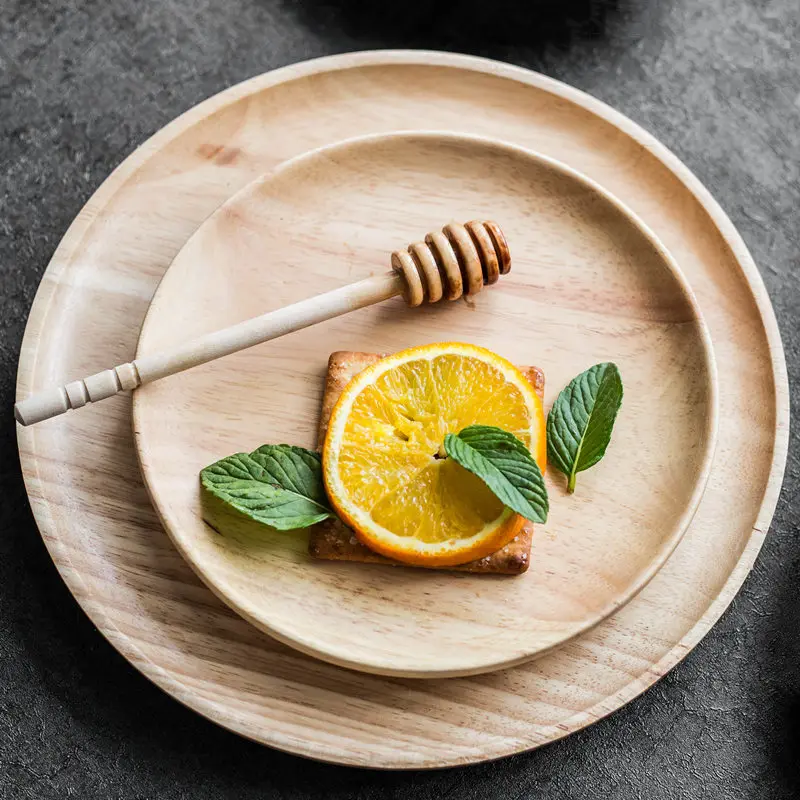 Rubber wood Round Japanese style Dinner Plate Beef Steak Fruit Snacks tray Tea tray Restaurant Storage plate Solid wood plates storage tray wooden serving tray kitchen tray bamboo organizer tray drink tray