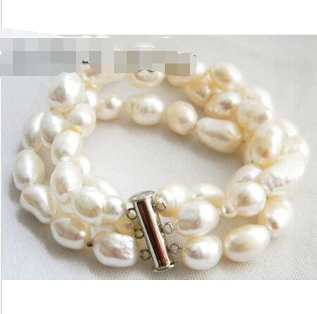 

Free shipping 3Strands 8'' 9MM White Baroque Freshwater Pearl Bracelet @^Noble style Natural Fine jewe