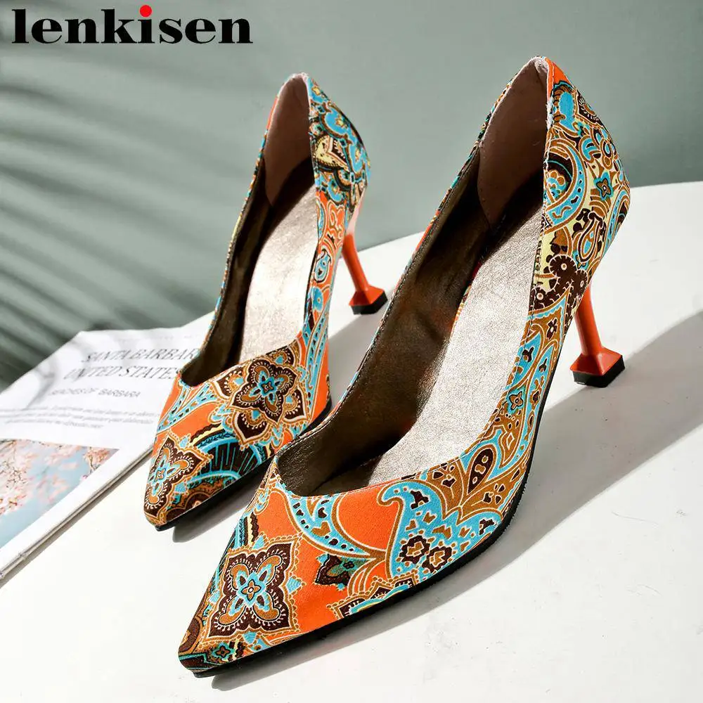 

Lenkisen ethnic PU slip on European designer high heels mixed colors pointed toe office lady plus size runway women pumps L15