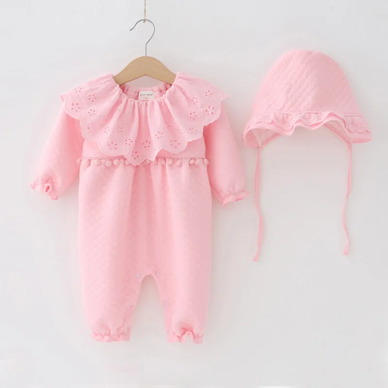 Осенне-зимний хлопковый кружевной комбинезон для маленьких девочек, комбинезон Rompe с кепкой, белый, розовый детский спальный мешок, Одежда для новорожденных, 3 м, 6 м, 9 м - Цвет: pink little thick b