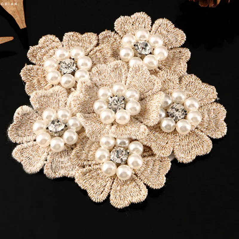 

1 pc 3.1 in Flower Rhinestones Pearl Lace Fabric Applique for Clothing Belts Bags Hats Sewing