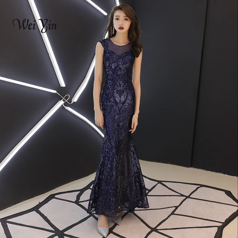 weiyin 2019 New Elegant O-neckSleeveless Navy Blue Sequined Mermaid Evening Dresses Long Special Occasion Dresses WY874