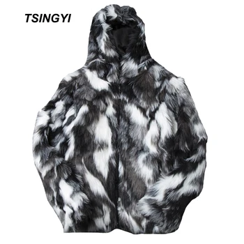 

Tsingyi Fashion Spring White and Grey Leopard Faux Fur Coat Men Hooded Zipper Jacket Casaca de Cuero Hombre Mens Fur Coat M-3XL