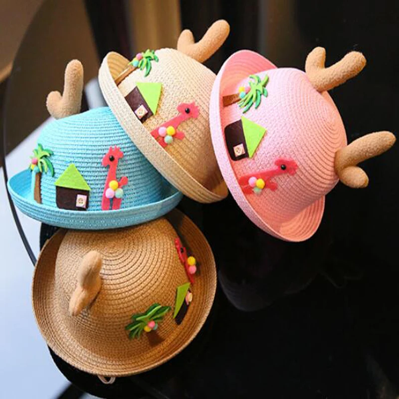 Kids Summer Straw Hat Cute Cartoon Pattern Antler Sunshade Solid Color Beach Hats Sun Protection Short Brim Children Travel Cap7