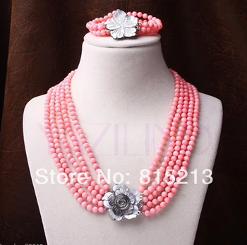 

ddh00864 5-6mm pink coral bead REAL grey carved flower shell necklace bracelet set