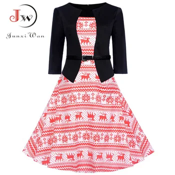 

Autumn Women Office Dress 3/4 Sleeve Print Christmas Dresses Patchwork Elegant Vintage Party Dress A-Line Midi Plus size Tunic