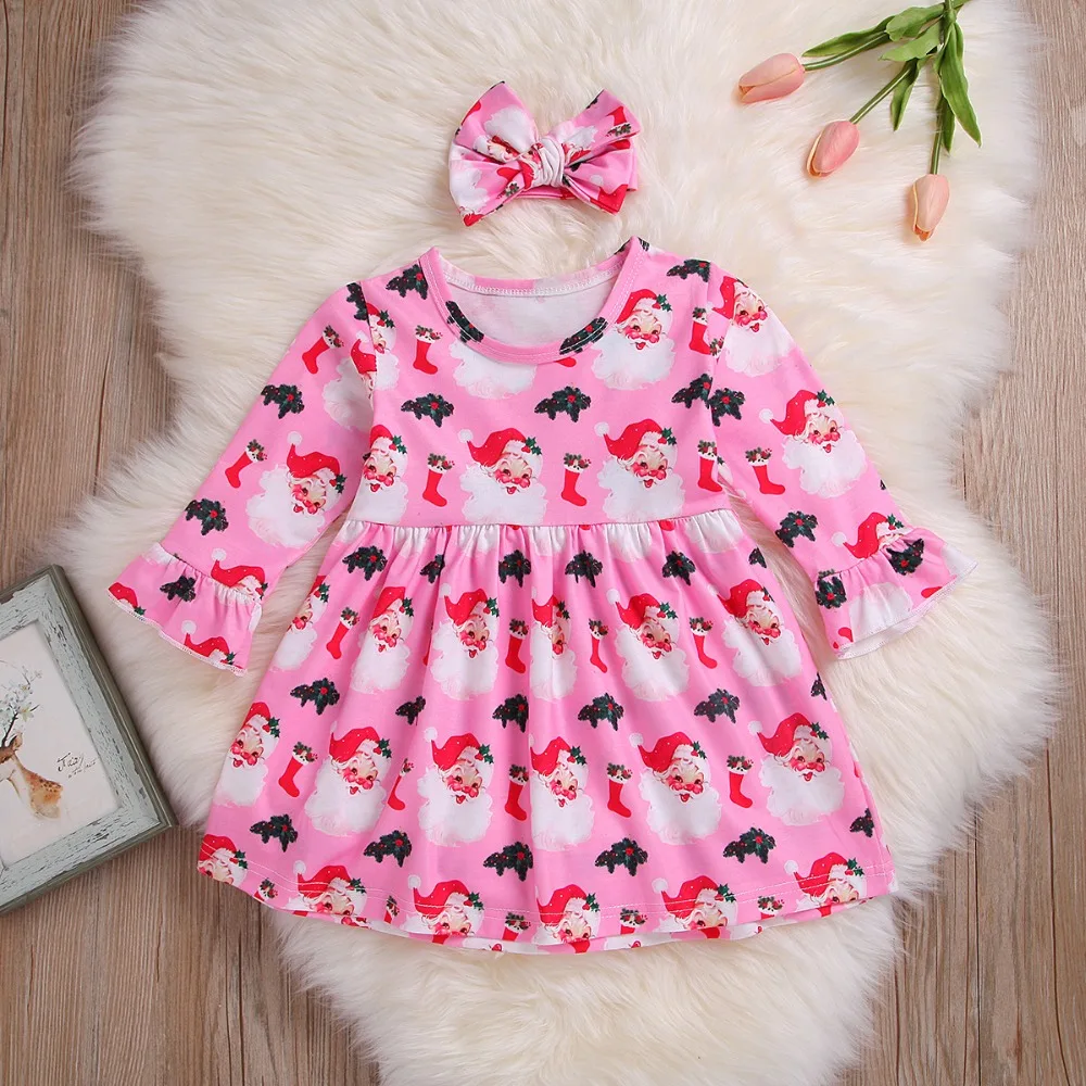 

Baby Girls Long Sleeve Santa Claus Print Dress Christmas Party Children Kids Tutu Dresses + Headband vestidos