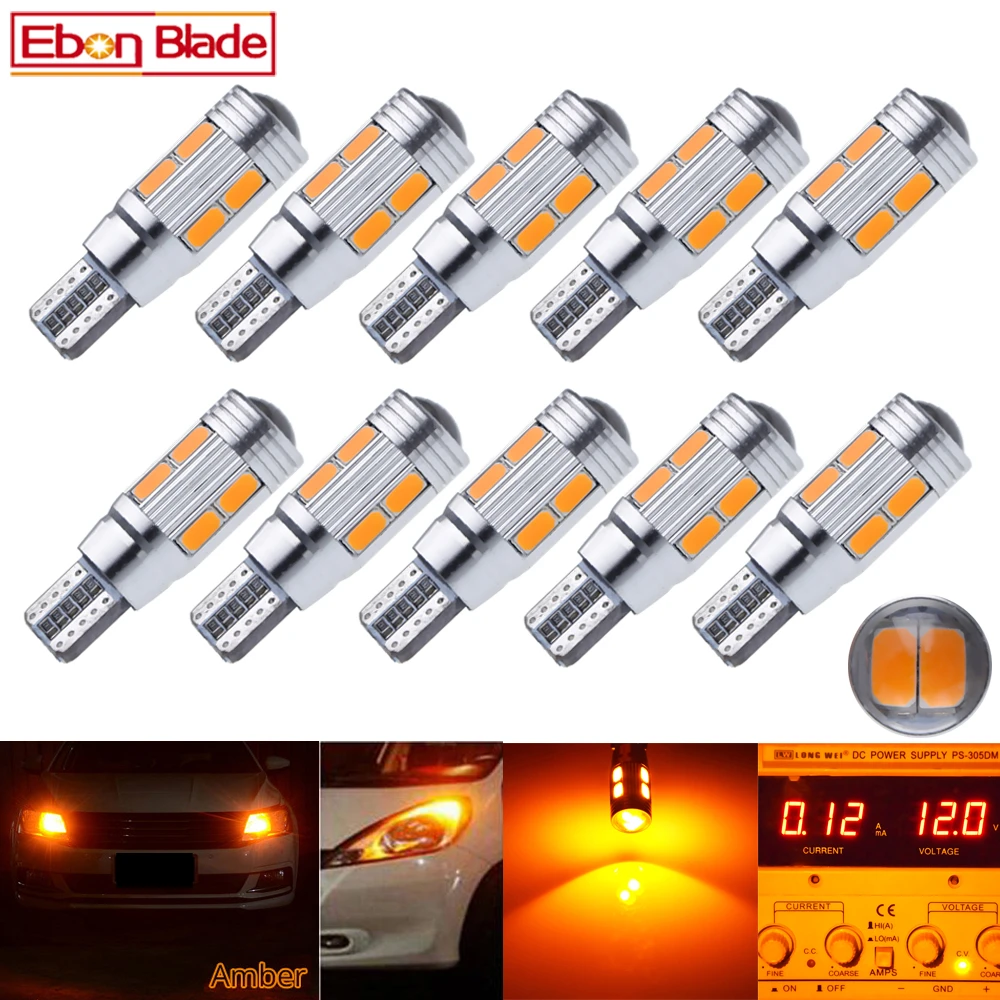 

10pcs T10 W5W LED Bulbs 194 168 Canbus Error Free Auto Interior Light Turn Signal Lamp lampen Amber Yellow Car Styling 12V DC