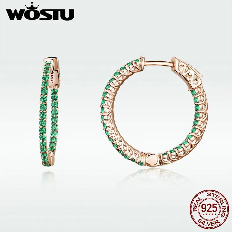 

WOSTU Authentic 100% 925 Sterling Silver Round Green Earrings For Women Fashion Hoop Earrings For Women Jewelry Best Gift DXE511