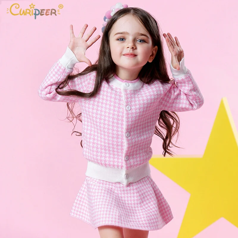 

Spring Girl Fashion Plaid Long Sleeve for Girls Set Clothes Black Pink Sport Style Thermal Sweater Skirt Autumn Houndstooth Coat