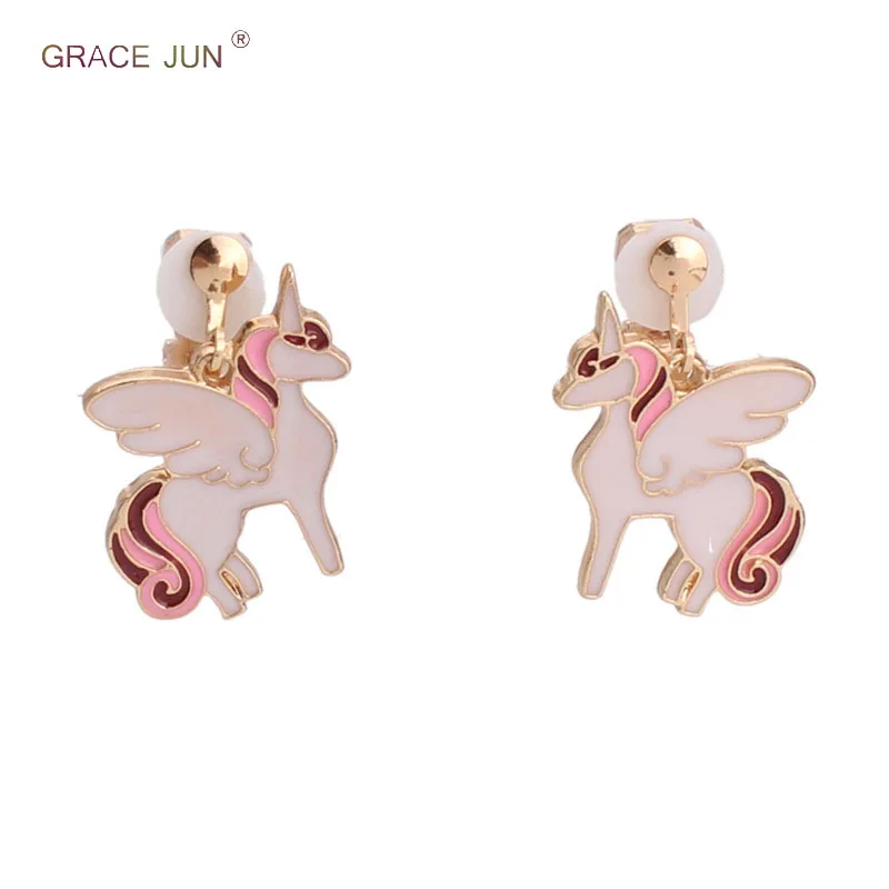 

2018 New Arrival Colorful Enamel Unicorn Clip on Earrings Non Piercing for Women Party Wedding Charm Earrings No Hole Earrings