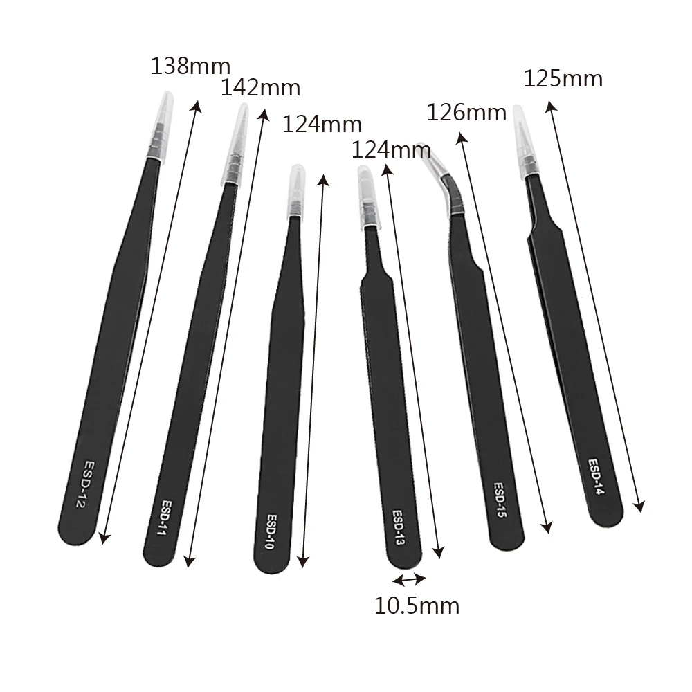6Pcs/Set Electronics Precision Tweezers Set for Watch Jewelry Mobile Phone Industrial Repair Tweezers Anti Static