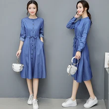 2018 Spring Women Office Korea Sktyle A-Line Slim Fit Long Sleeve Jeans Cotton Dress Solid Color Single-breasted Female Dresses