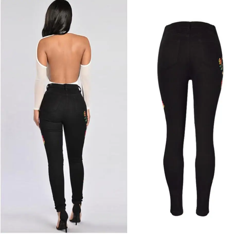 Роза вышивка черные узкие джинсы женские Повседневное Высокая талия карман узкие брюки длинные джинсы женские нижние 2018 новые B252