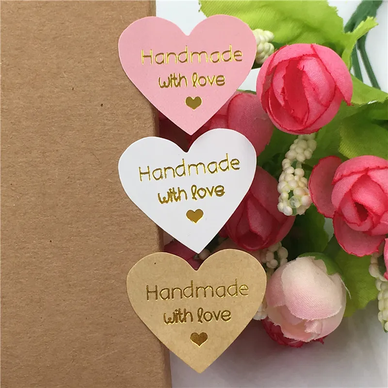 

300PCS/Lot Multicolor Thermoprinting Gold "Handmade with love" heart-shaped design Stickers Golden text Sticker Labels