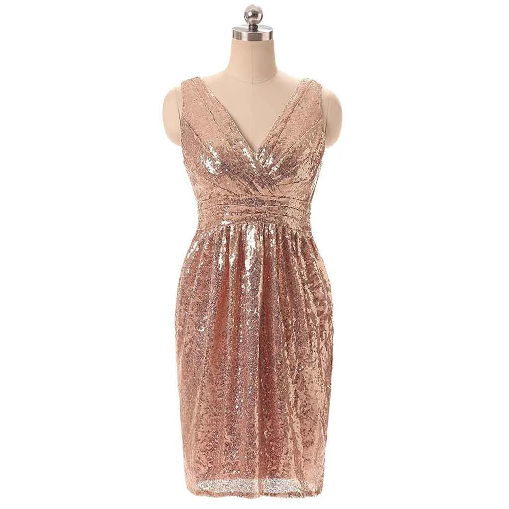 Дамское модное блестящее однотонное розовое Золотое прямое платье, Дамское сексуальное мини-платье без рукавов с v-образным вырезом и блестками
