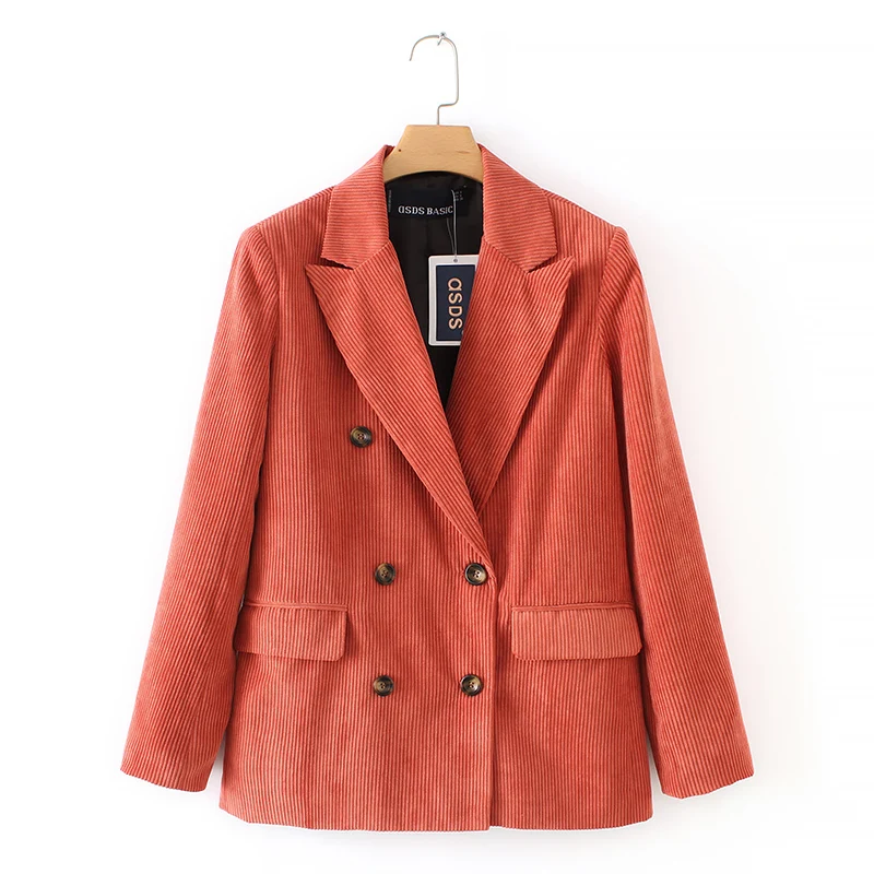 

women casual blazer autumn coat double breasted orange red Cord SML pick lapel striped full lining drop shipping 18NovW2