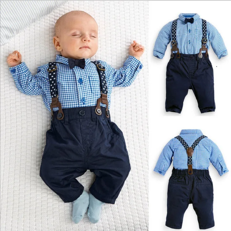 Для маленьких мальчиков Длинные рукава комплект джентльмена, комбинезон+ рубашки в клетку ремень, галстук-бабочка, комбинезон для новорожденных, комплект для малышей, одежда для девочек летняя одежда