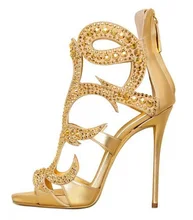 Gold Crystal Metallic Leather Sandals High Heel Back Zipper Cage Shoes Peep Toe Women Pumps Cut-out Gladiator Sandals Boots