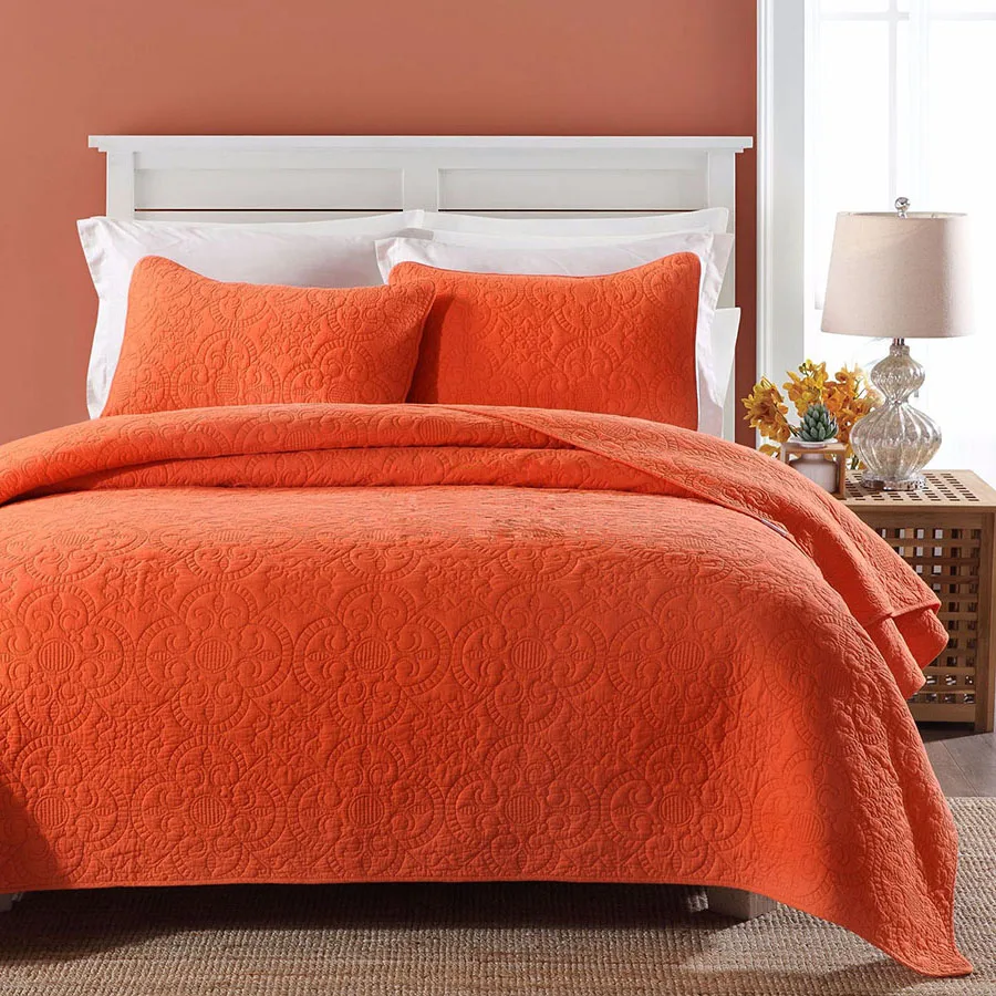 Quality Cotton Bedspread Quilt Set 3pcs Coverlet Orange Solid Quilted