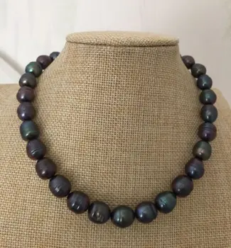 

elegant 12-13mm tahitian black green baroque pearl necklace 18inch 925silver