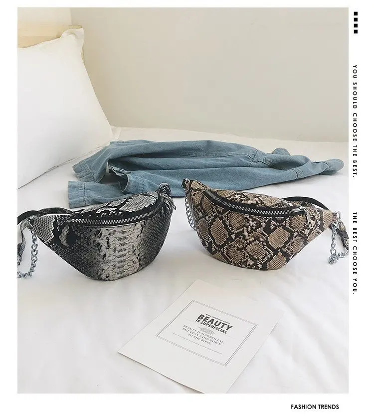 New Style Fashion Snake Pattern Chain Shoulder Waist Bags Fanny Pack Travel Waist Festival Money Belt PU Leather Holiday