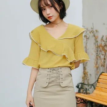 

Summer Elegant Ruffles Half Sleeve Shirt Fashion Beach Casual V Neck Womens Tops and Blouses Ladies Blusa feminina dames ropa