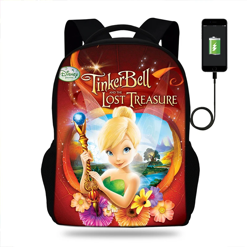 

Student USB Cartoon Tinkerbell Print Schoolbag Girls Backpack Large Capacity notebook computador Backpack mochila For Teenage
