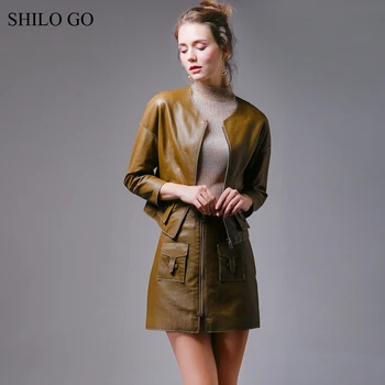 

SHILO GO Leather Sets Womens Autumn Fashion sheepskin genuine Leather Suit O Neck loose zipper leather jacket pencil skirt