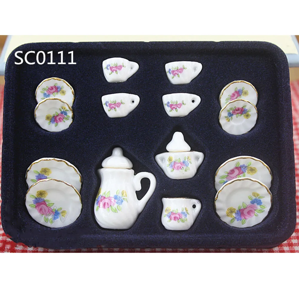 15Pcs 1/12 Dollhouse Miniature Accessories Mini Ceramics Tea Set Simulation Kettle Plate Cup Model Toys Doll House Decoration